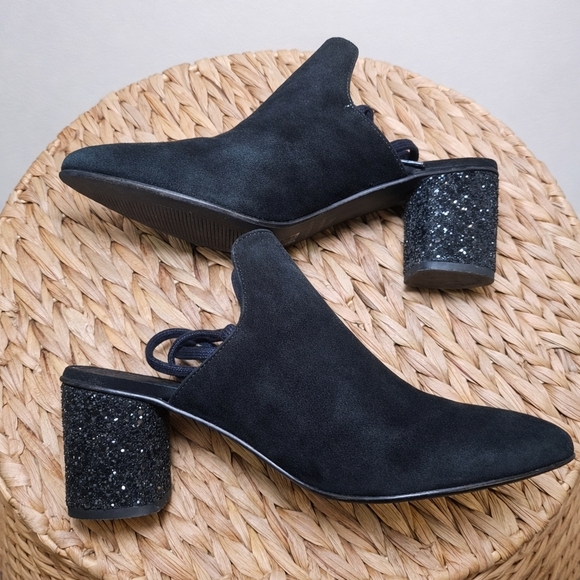 Free People Sparkler Mule Glitter Heel Black Suede Lace Back Block Heel Size 40 - Picture 7 of 12